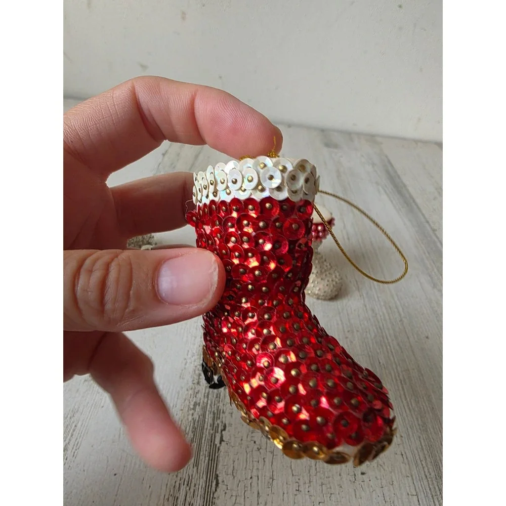 Vintage pushpin Santa boot shoe sequin ornament pearls Xmas tree